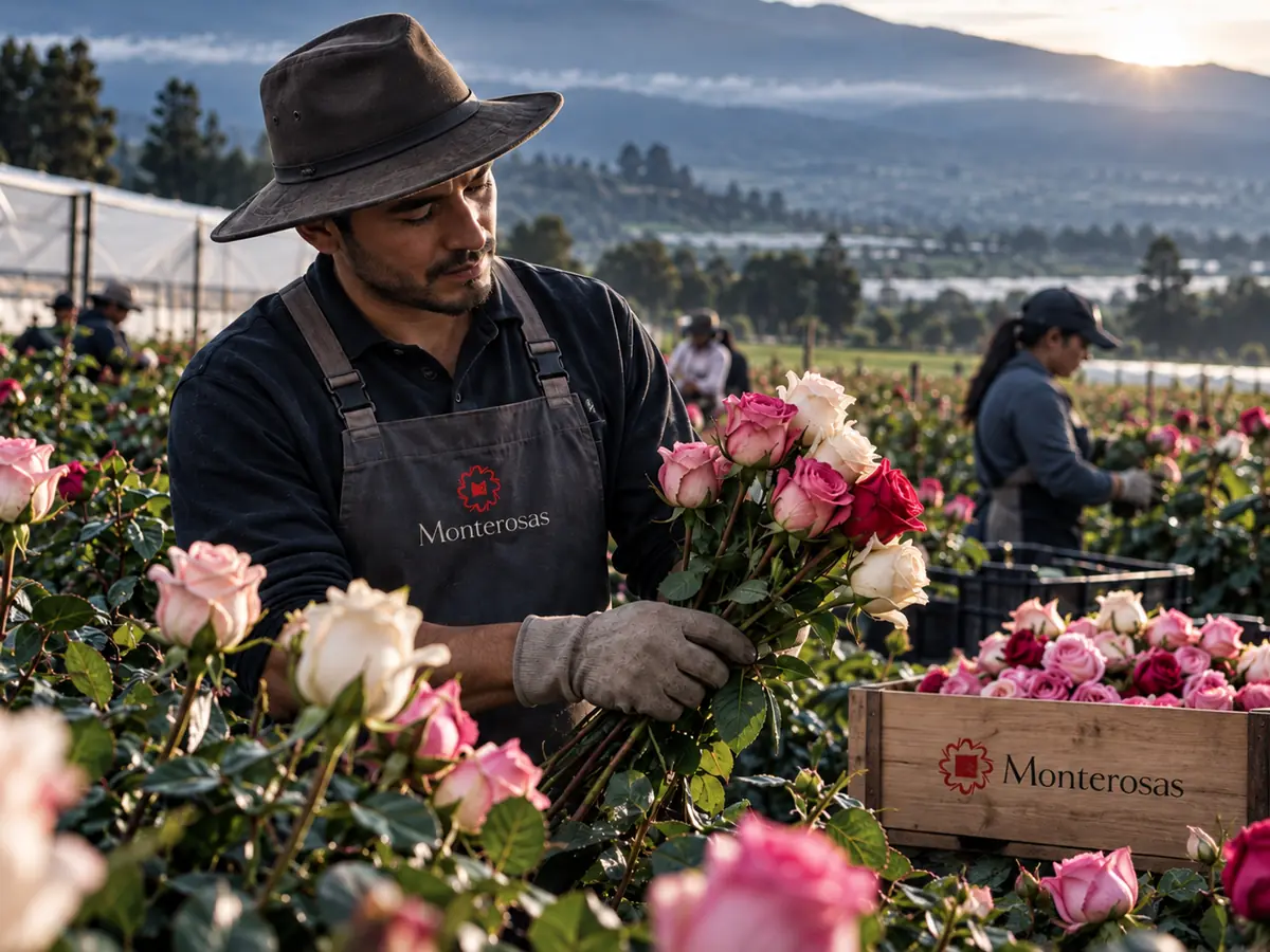 Growers working among the rows of a rose greenhouse