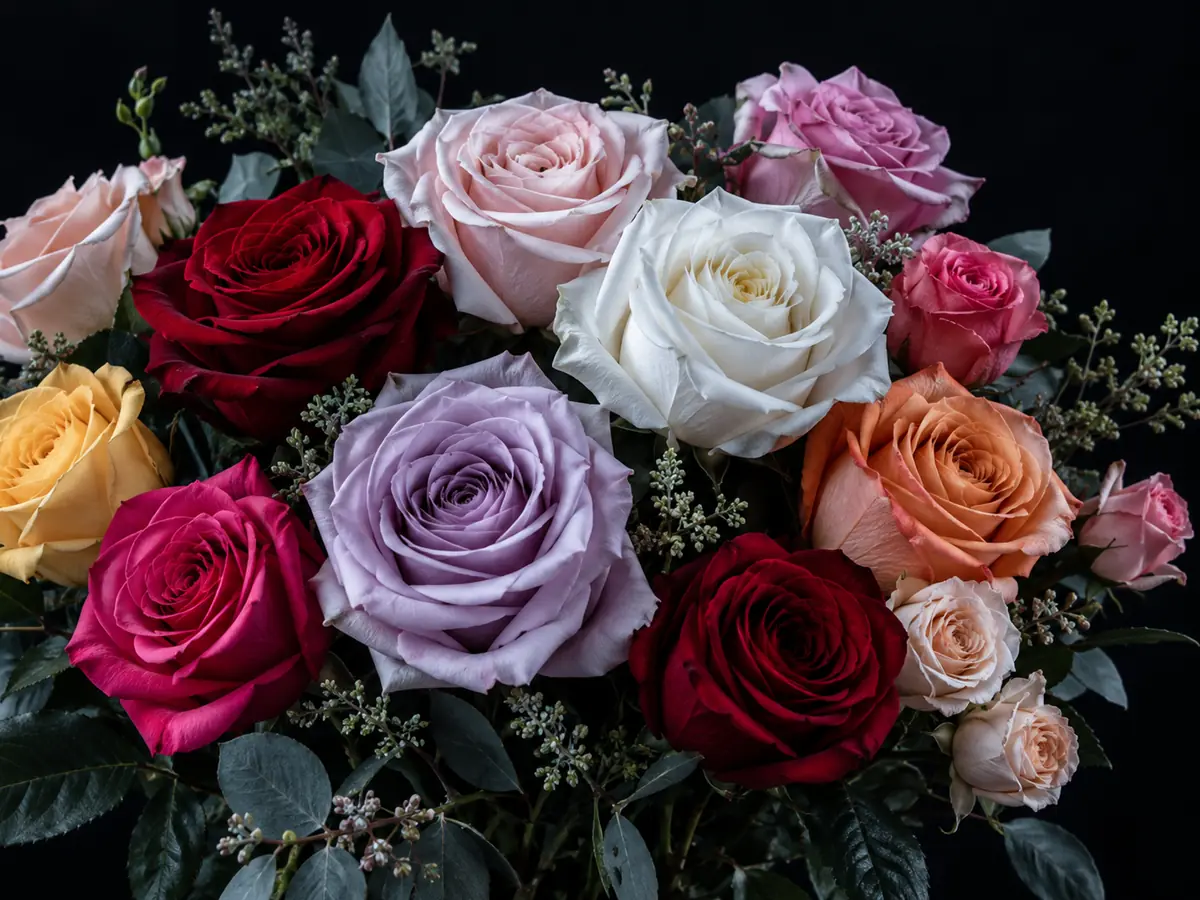 Roses in several colour families laid out side by side