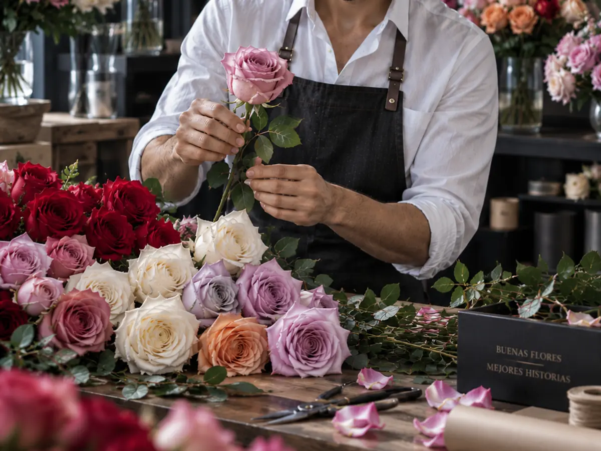 A designer selecting roses for an arrangement