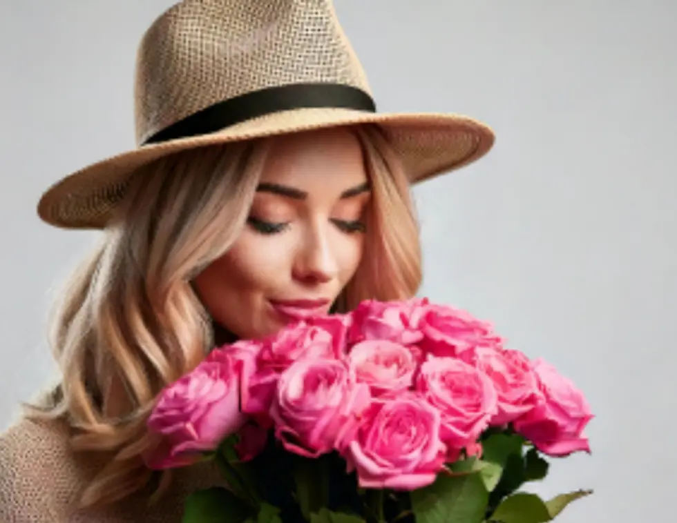 A woman in a straw hat holding a bunch of pink roses