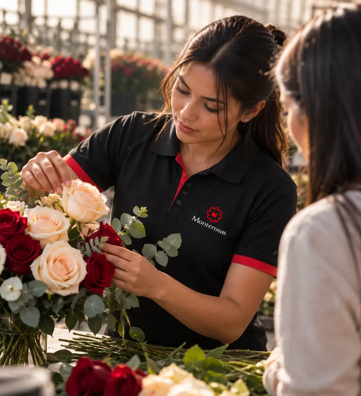 A Monterosas advisor arranging a rose bouquet with a client