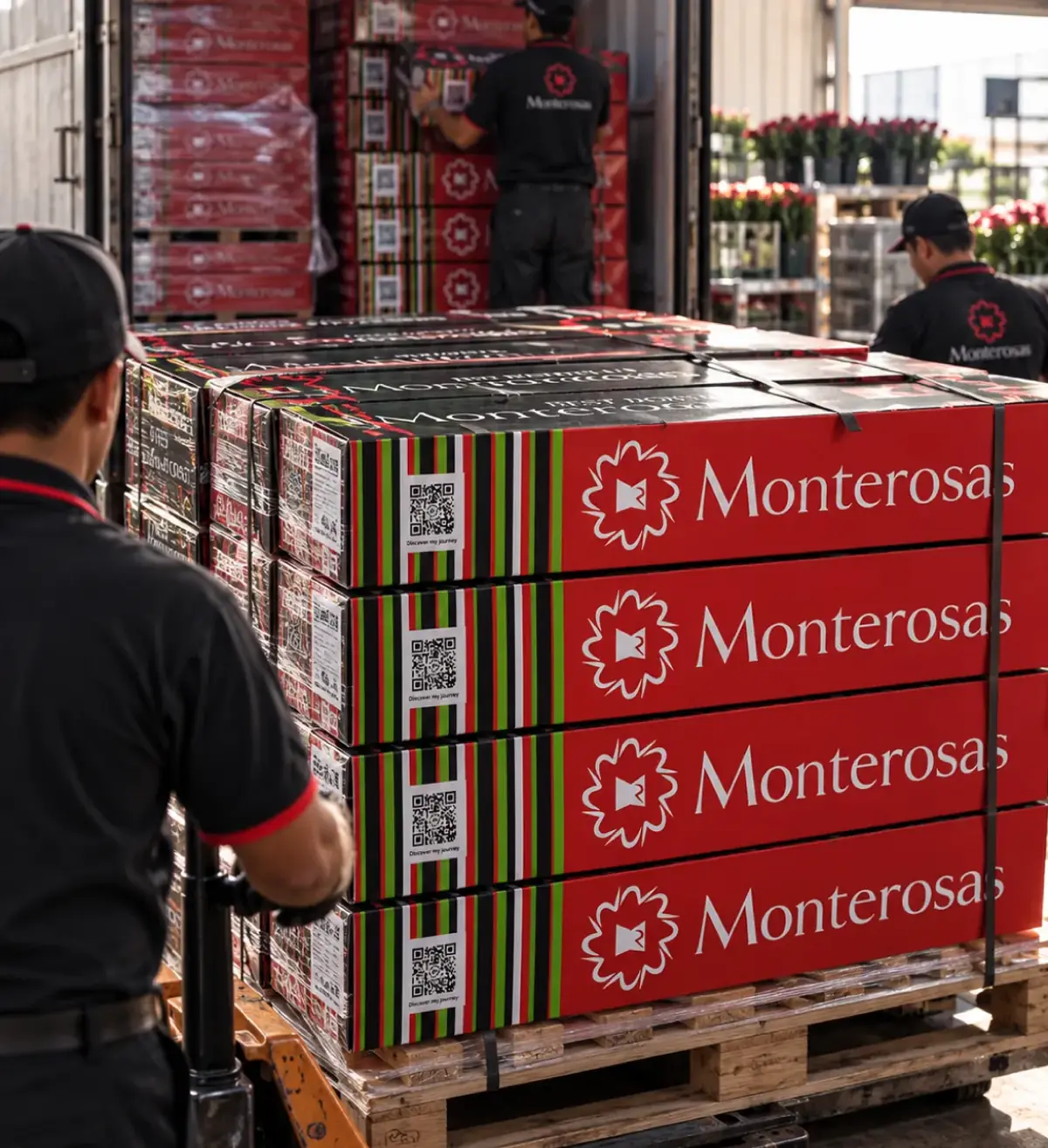 Pallets of Monterosas boxes being loaded onto a truck