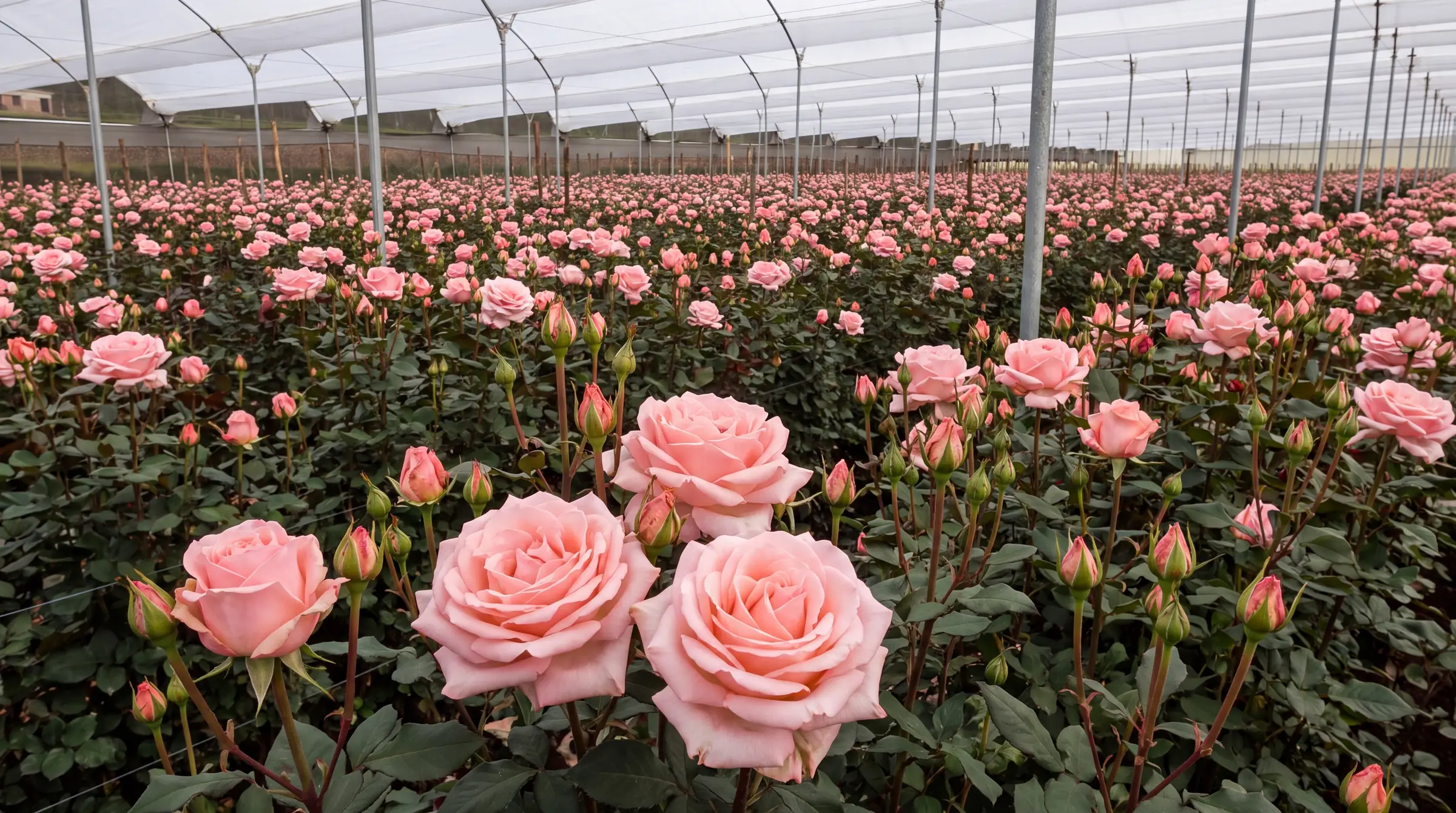 Pink roses in the farm greenhouse